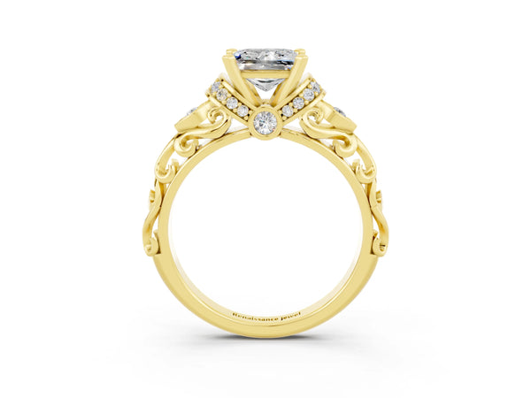 Yellow gold Princess Cut Moissanite Solitaire Ring with Filigree Band and Four-Prong Setting