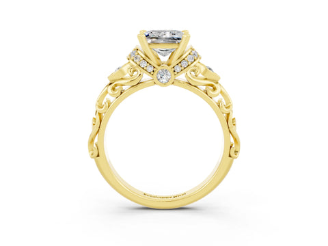Yellow gold Princess Cut Moissanite Solitaire Ring with Filigree Band and Four-Prong Setting_27