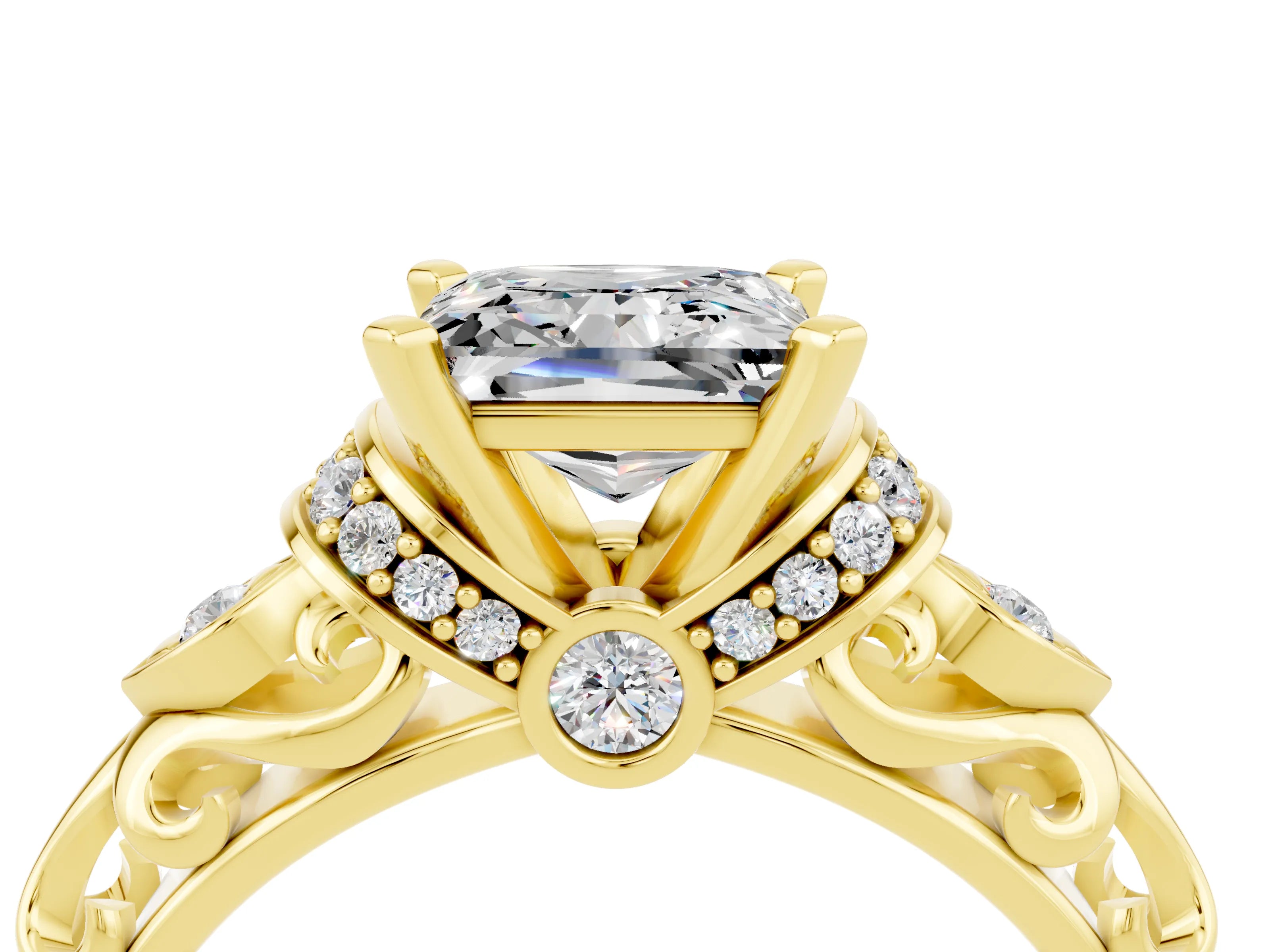 Yellow gold Princess Cut Moissanite Solitaire Ring with Filigree Band and Four-Prong Setting_28