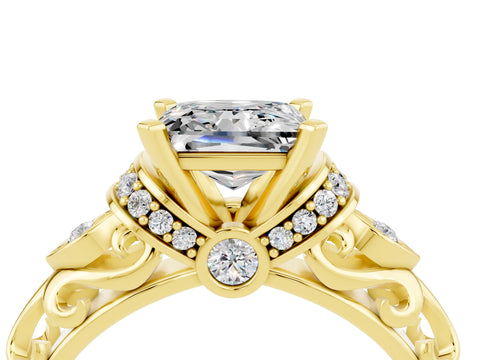 Yellow gold Princess Cut Moissanite Solitaire Ring with Filigree Band and Four-Prong Setting_28