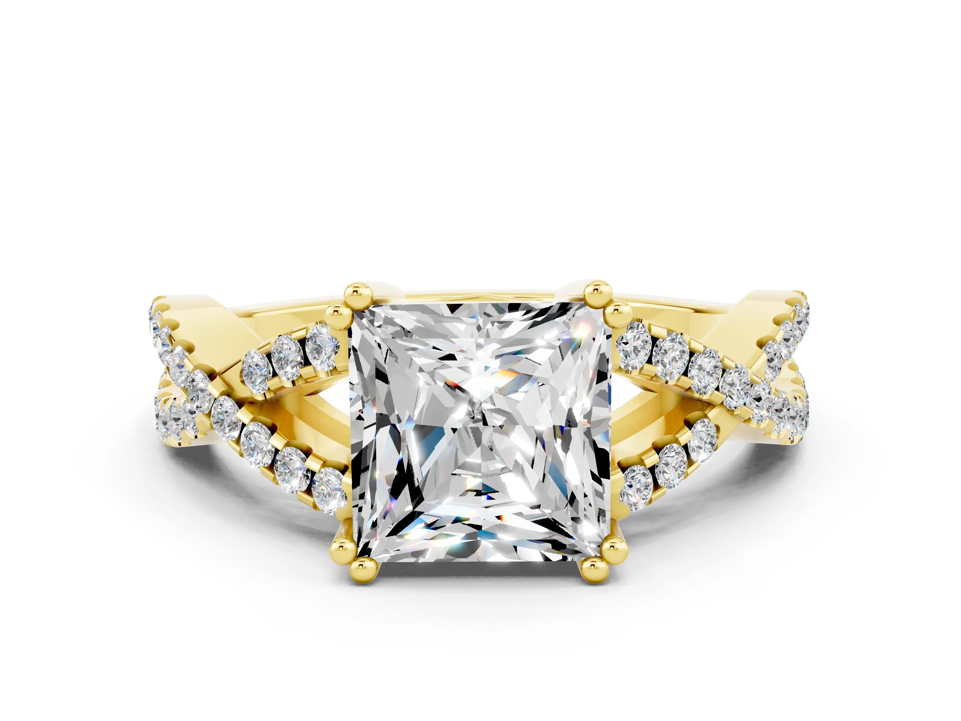 Yellow gold Princess Cut Moissanite Solitaire Ring with Four-Prong Setting and Twisted Pavé Band