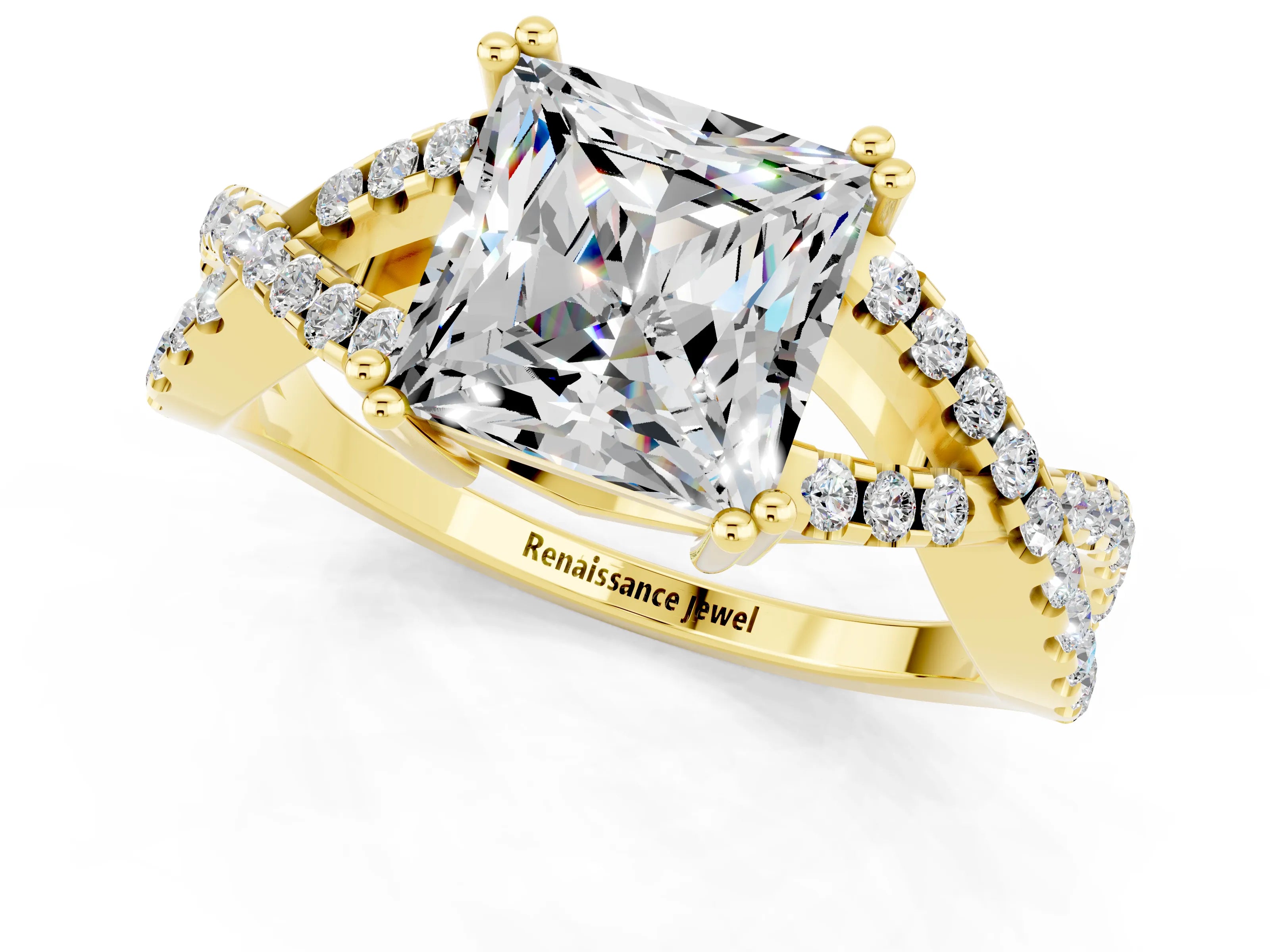 Yellow gold Princess Cut Moissanite Solitaire Ring with Four-Prong Setting and Twisted Pavé Band_1