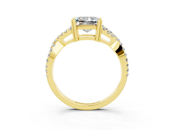 Yellow gold Princess Cut Moissanite Solitaire Ring with Four-Prong Setting and Twisted Pavé Band