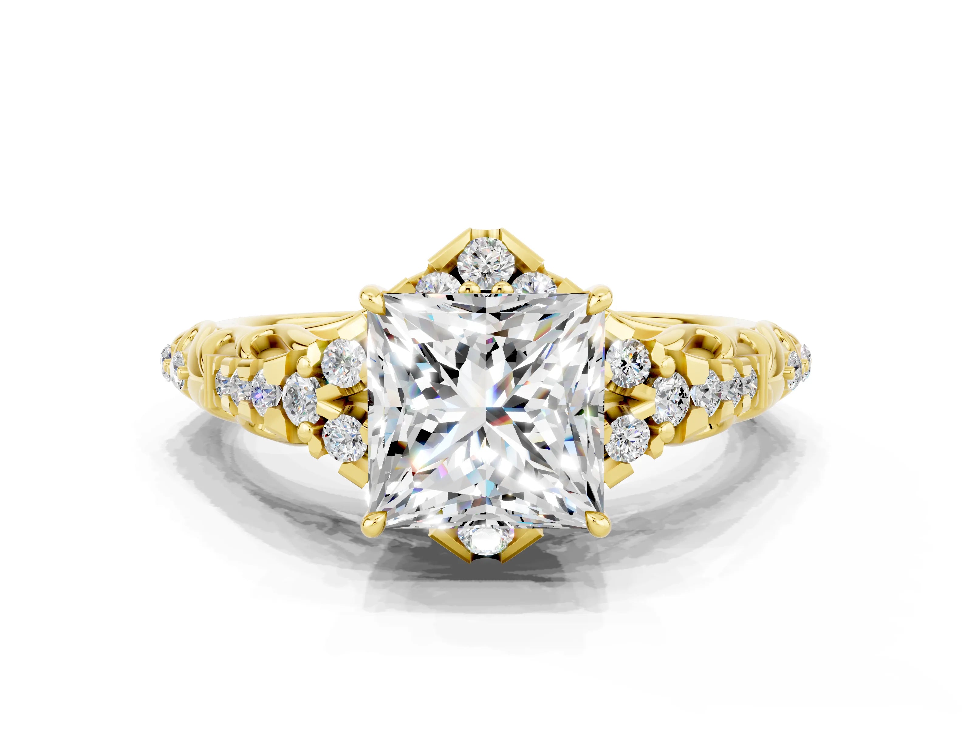 Yellow gold Princess Cut Moissanite Solitaire Ring with Hidden Halo and Pavé Band_12