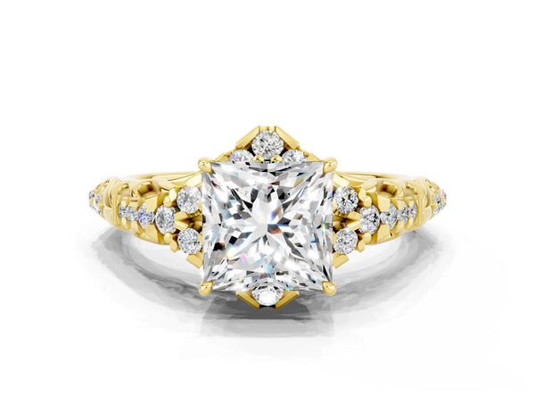 Yellow gold Princess Cut Moissanite Solitaire Ring with Hidden Halo and Pavé Band