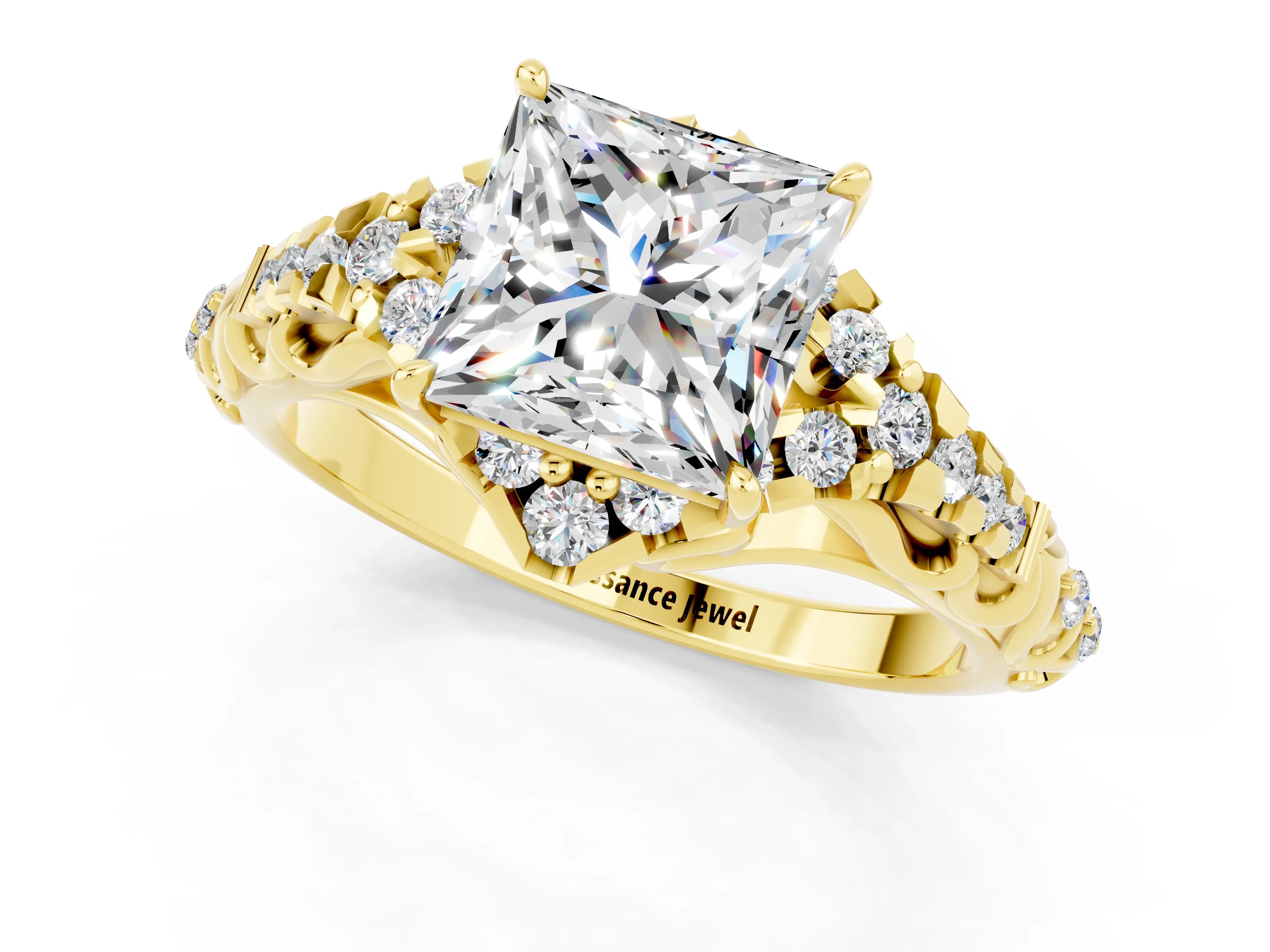 Yellow gold Princess Cut Moissanite Solitaire Ring with Hidden Halo and Pavé Band_13