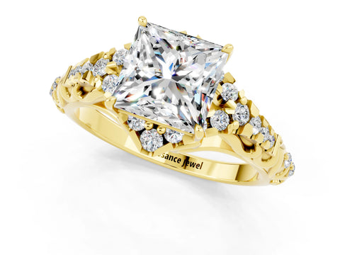 Yellow gold Princess Cut Moissanite Solitaire Ring with Hidden Halo and Pavé Band_13