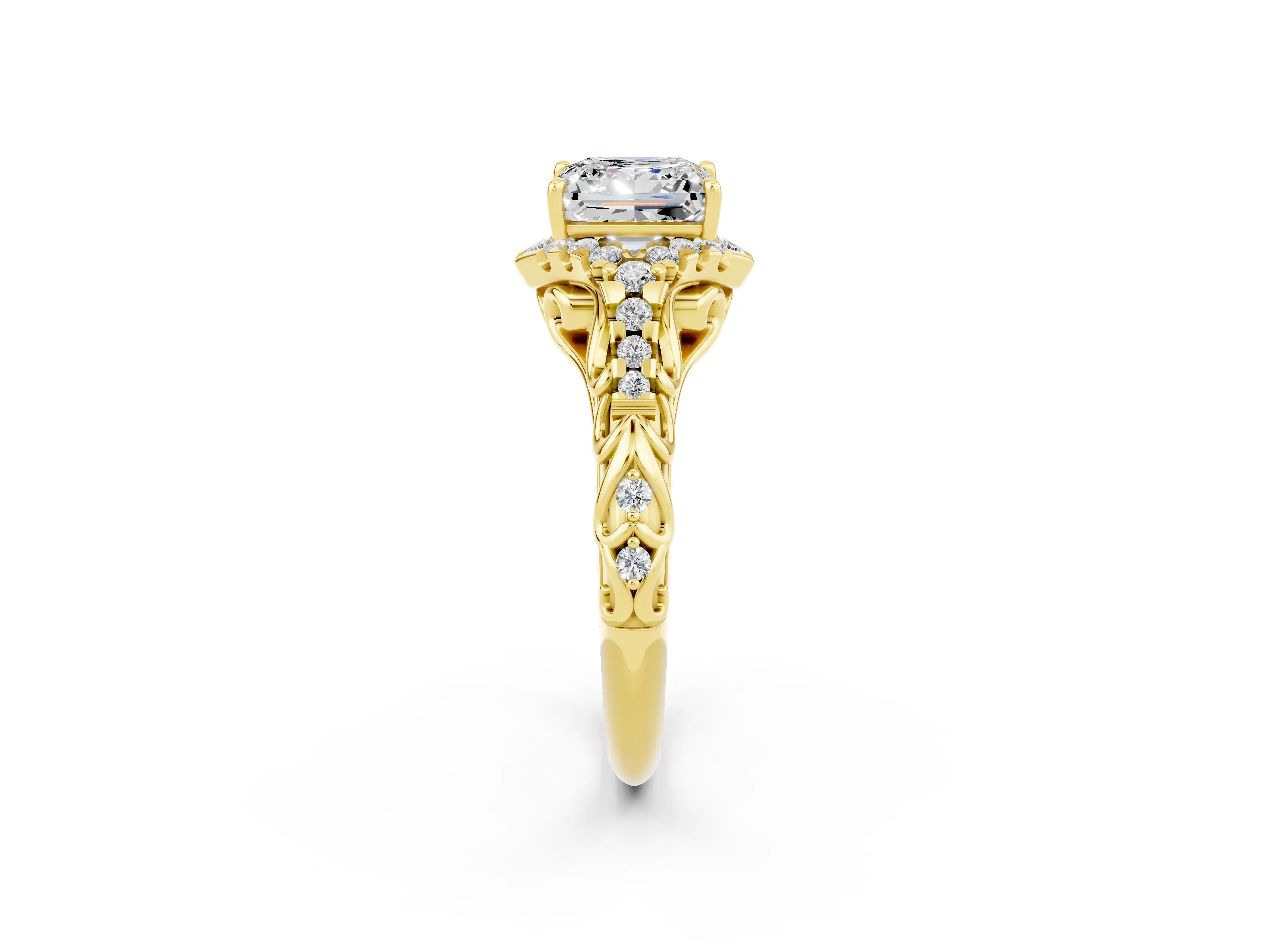 Yellow gold Princess Cut Moissanite Solitaire Ring with Hidden Halo and Pavé Band_14