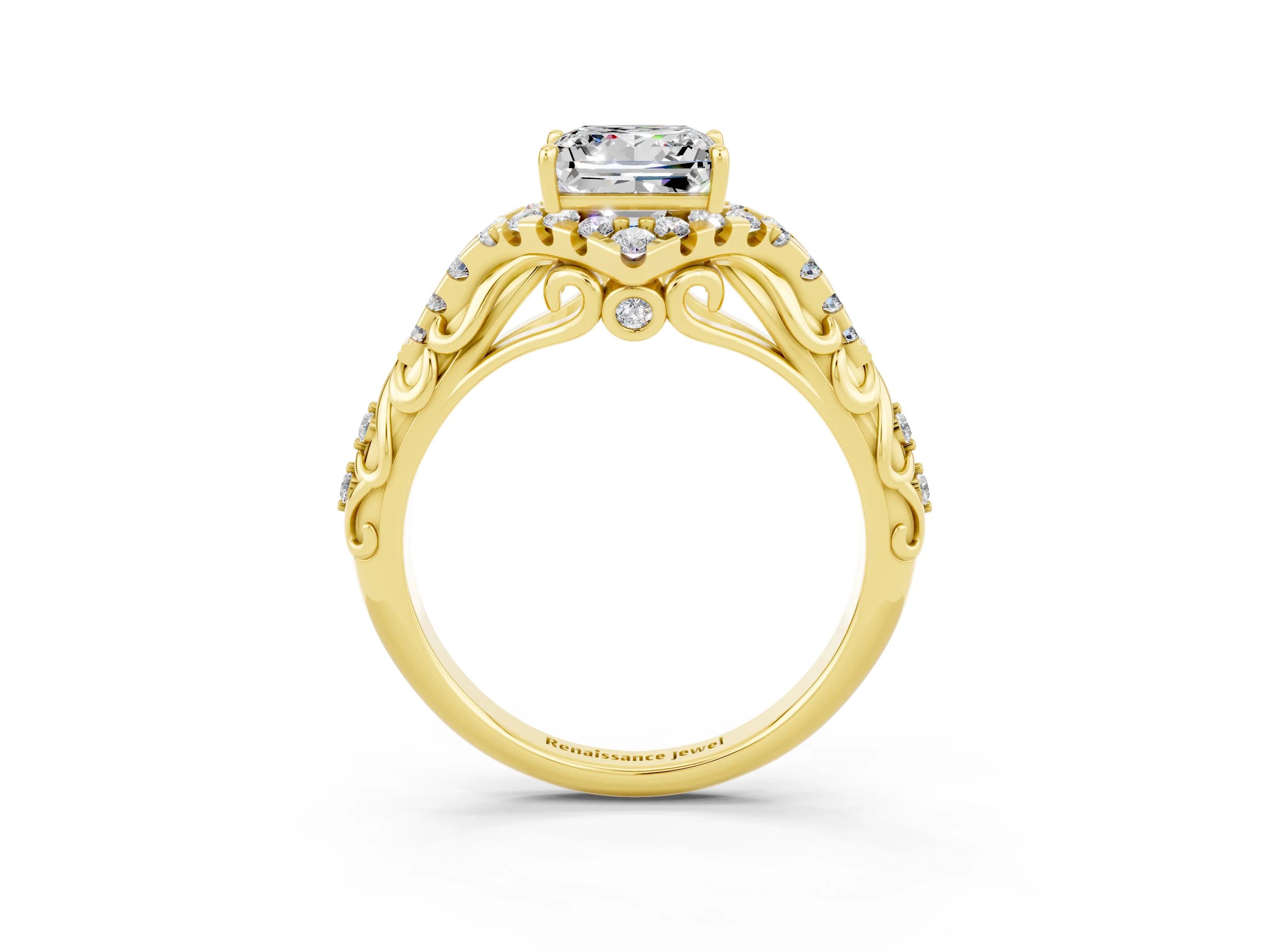 Yellow gold Princess Cut Moissanite Solitaire Ring with Hidden Halo and Pavé Band_15