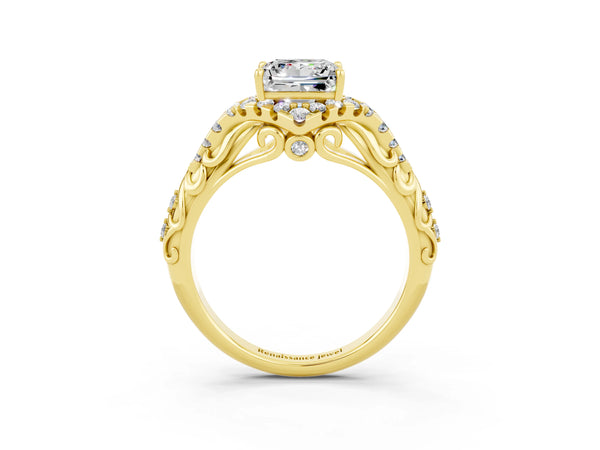 Yellow gold Princess Cut Moissanite Solitaire Ring with Hidden Halo and Pavé Band