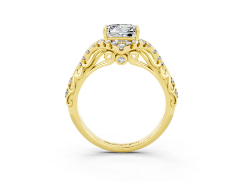 Yellow gold Princess Cut Moissanite Solitaire Ring with Hidden Halo and Pavé Band_15