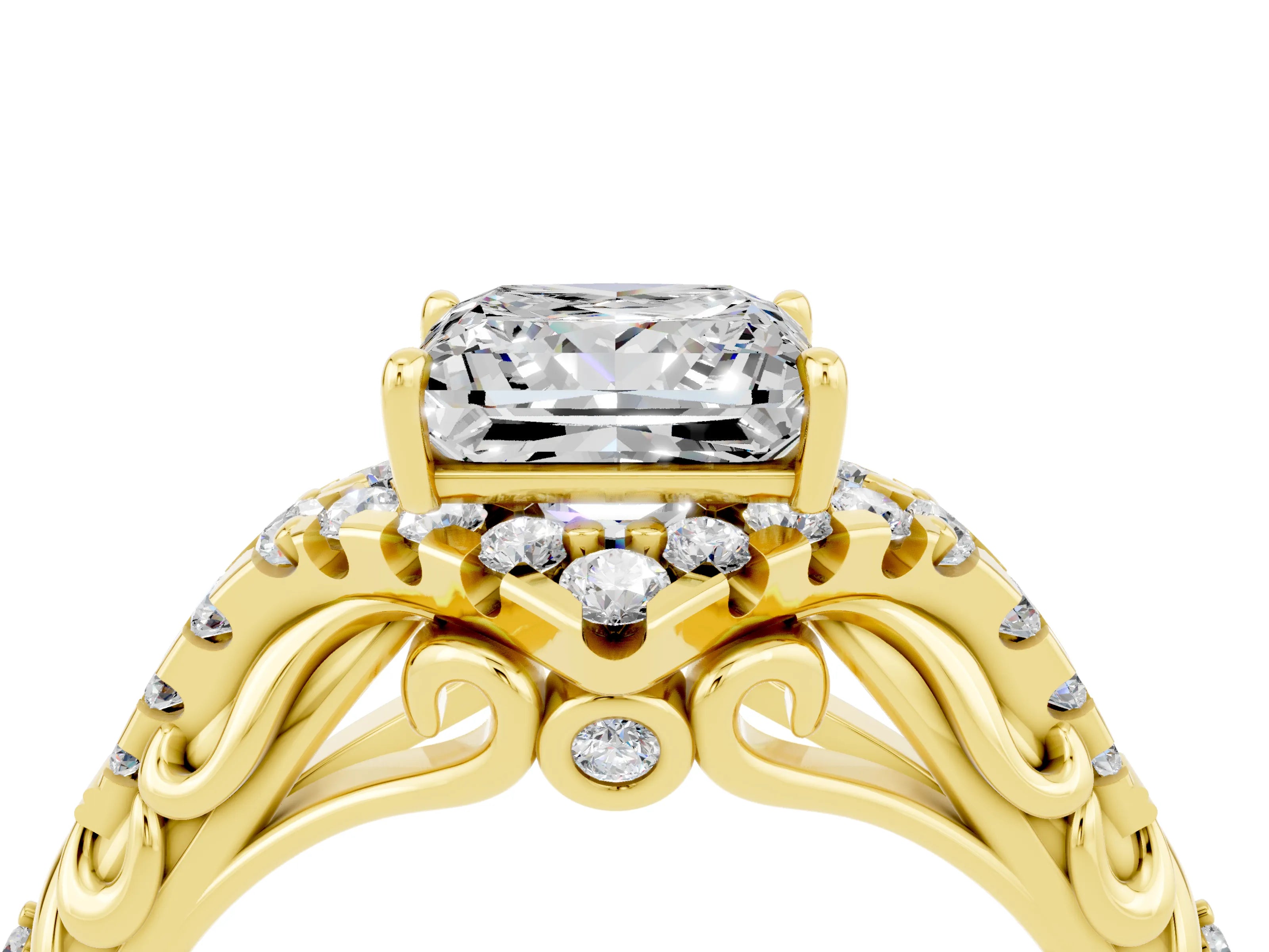 Yellow gold Princess Cut Moissanite Solitaire Ring with Hidden Halo and Pavé Band_16