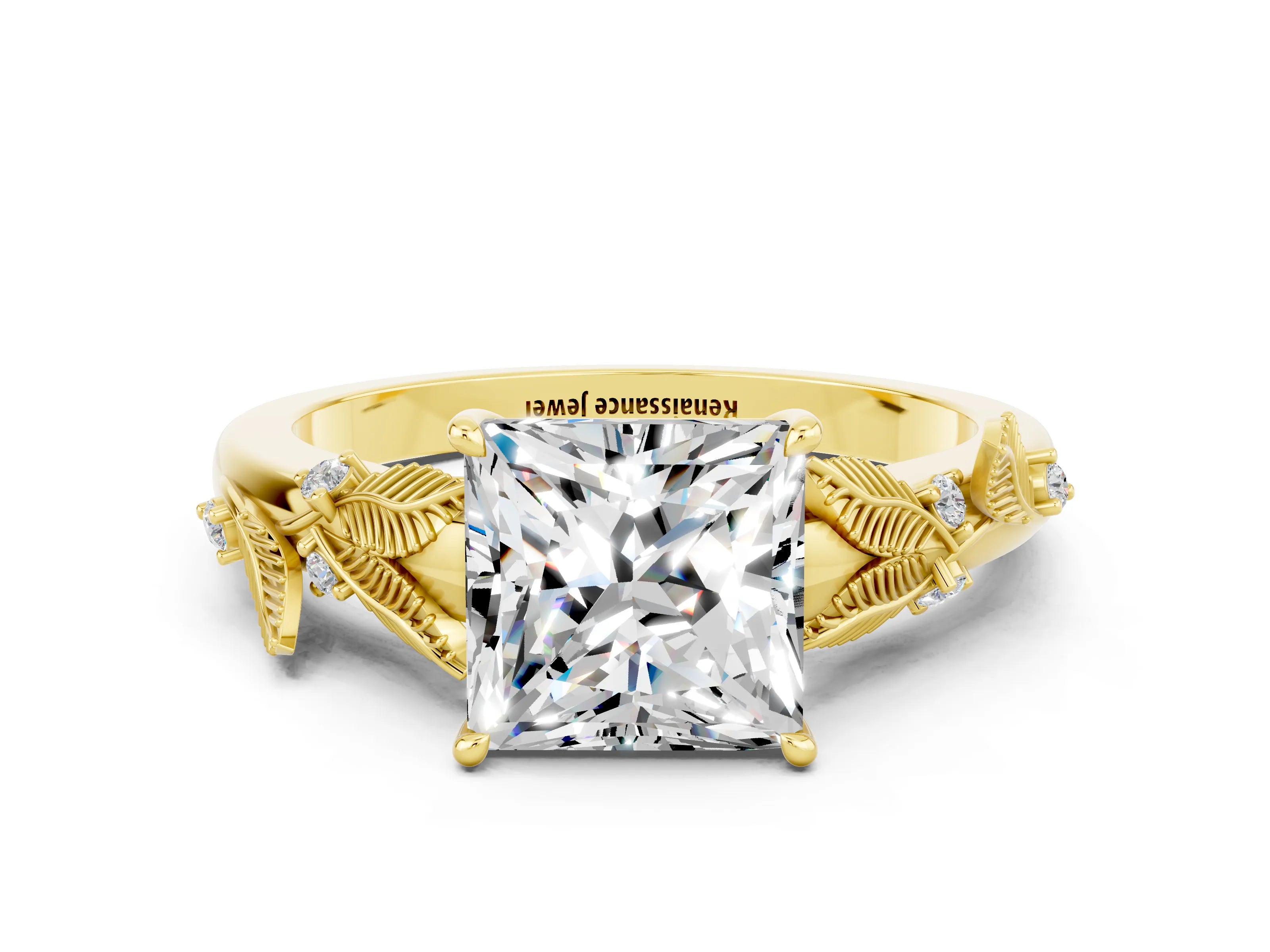 Yellow gold Princess Cut Moissanite Solitaire Ring with Leaf Motif Band and Four-Prong Setting
