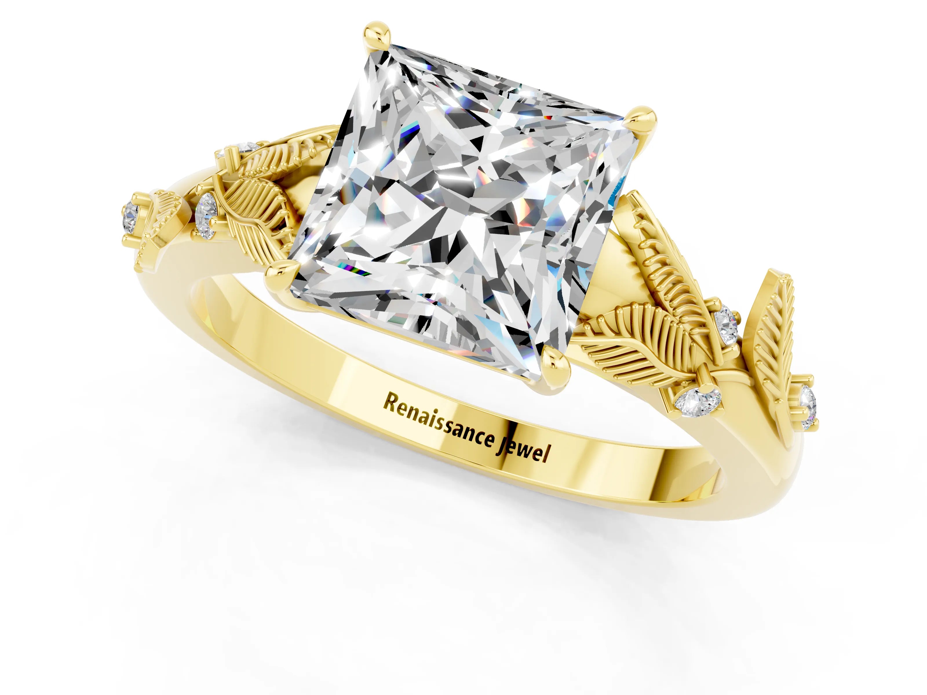 Yellow gold Princess Cut Moissanite Solitaire Ring with Leaf Motif Band and Four-Prong Setting_1