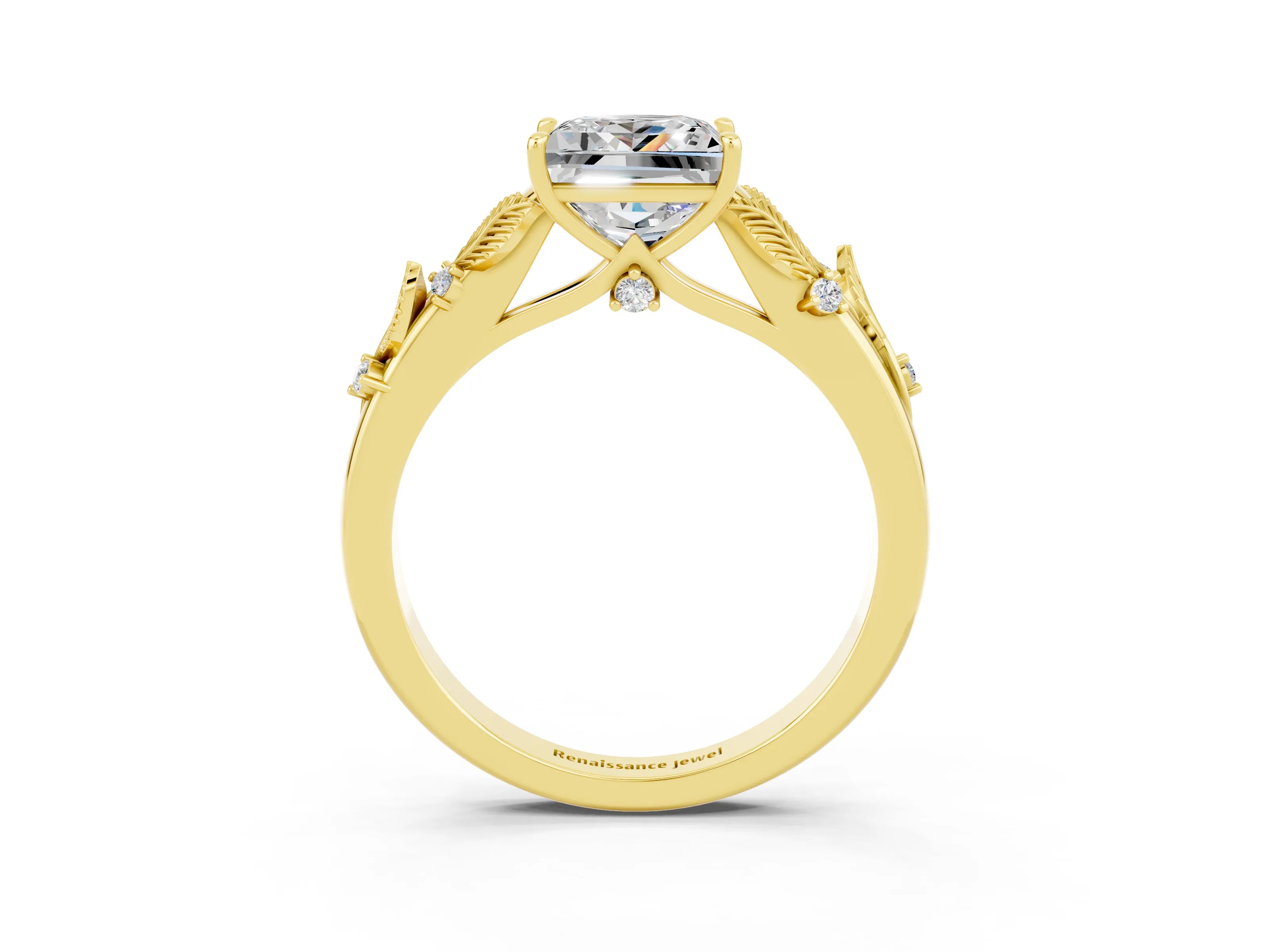Yellow gold Princess Cut Moissanite Solitaire Ring with Leaf Motif Band and Four-Prong Setting_3