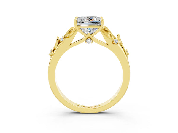 Yellow gold Princess Cut Moissanite Solitaire Ring with Leaf Motif Band and Four-Prong Setting