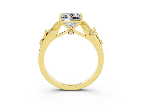 Yellow gold Princess Cut Moissanite Solitaire Ring with Leaf Motif Band and Four-Prong Setting_3
