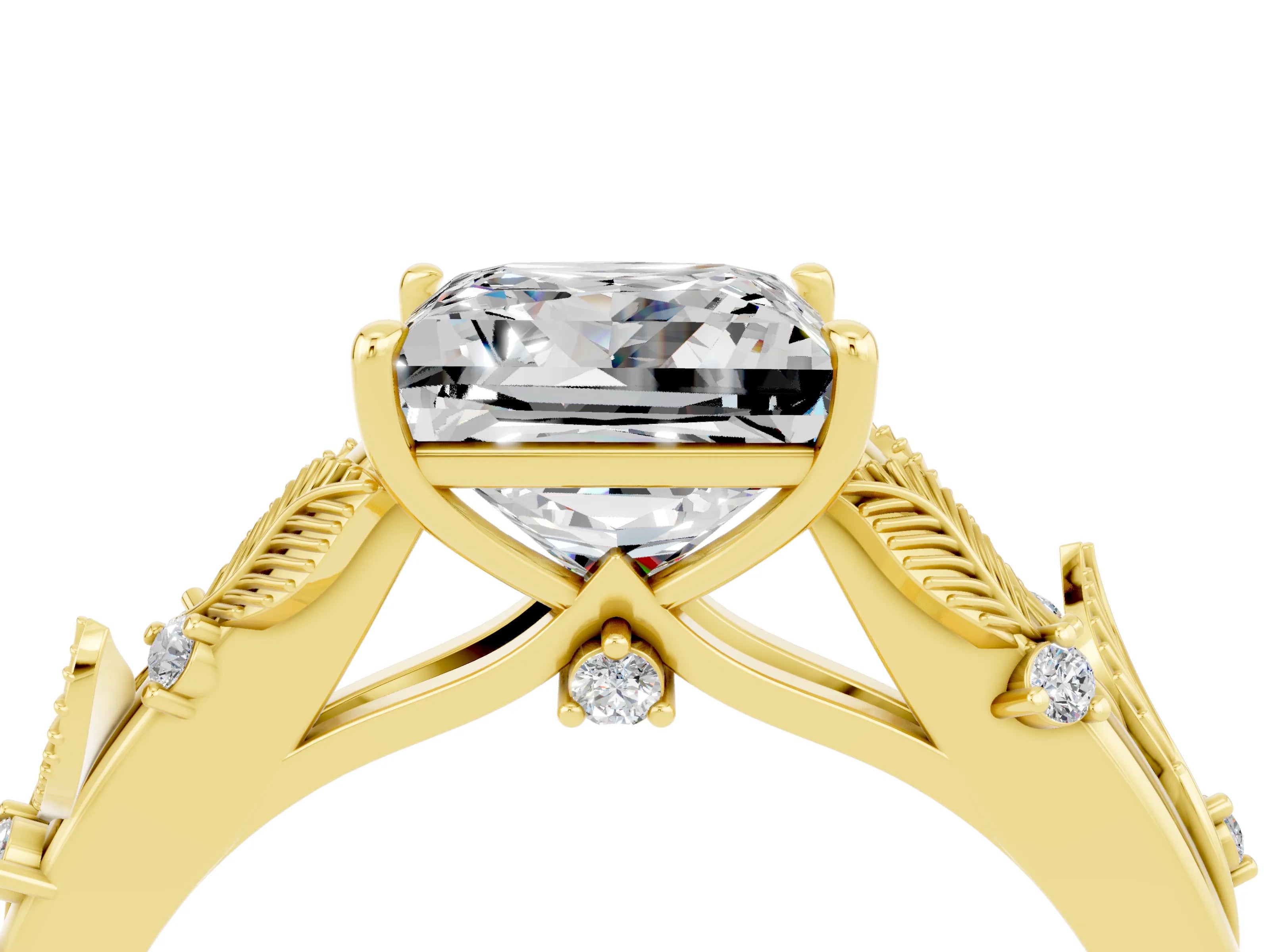 Yellow gold Princess Cut Moissanite Solitaire Ring with Leaf Motif Band and Four-Prong Setting_4