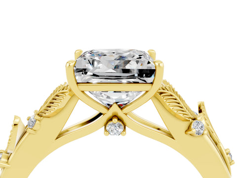 Yellow gold Princess Cut Moissanite Solitaire Ring with Leaf Motif Band and Four-Prong Setting_4