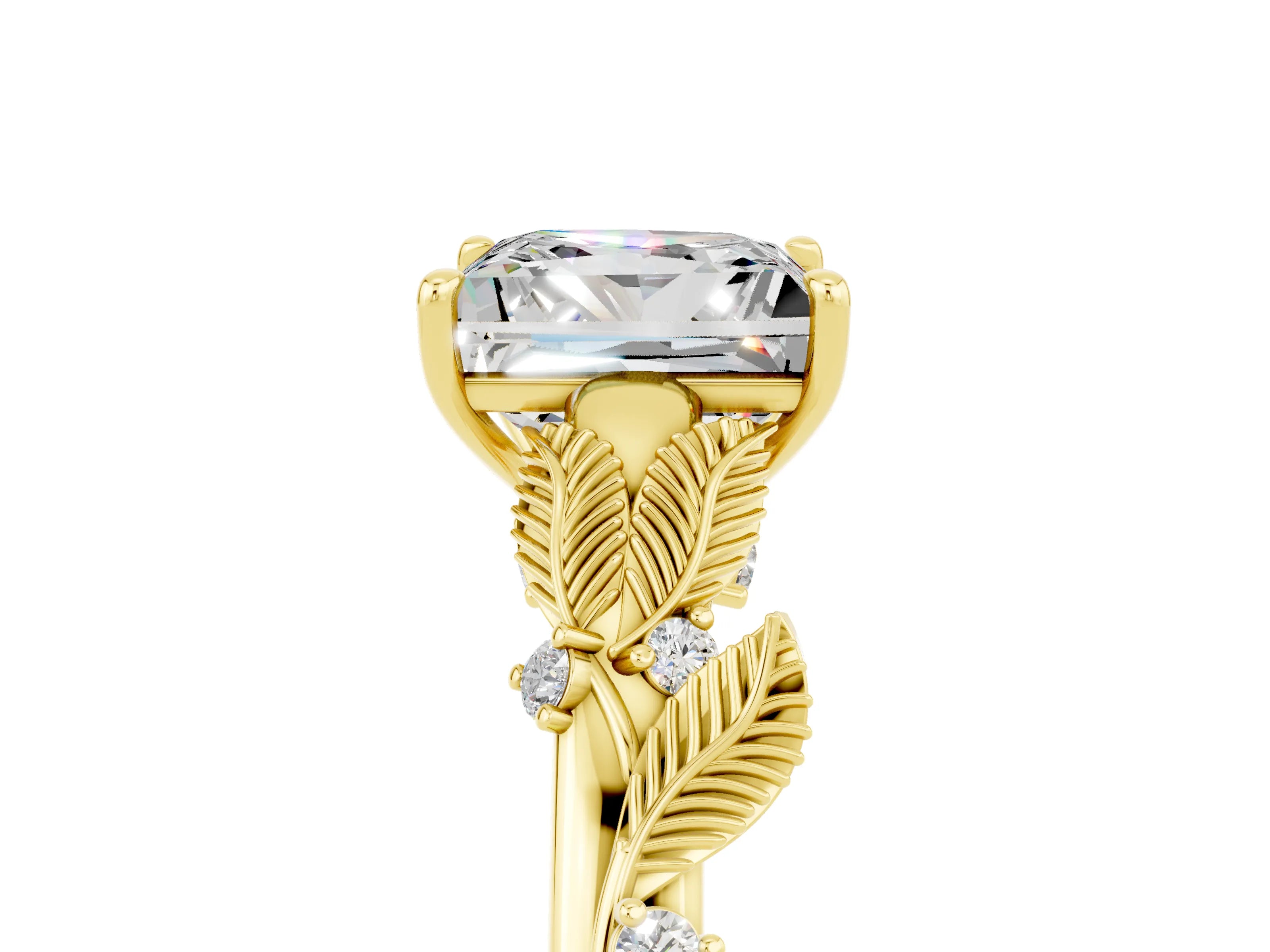 Yellow gold Princess Cut Moissanite Solitaire Ring with Leaf Motif Band and Four-Prong Setting_5
