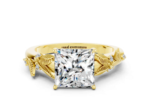 Yellow gold Princess Cut Moissanite Solitaire Ring with Leaf Motif Band and Four-Prong Setting