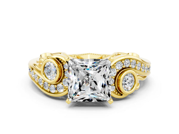 Yellow gold Princess Cut Moissanite Solitaire Ring with Milgrain Pavé Band and Four-Prong Setting