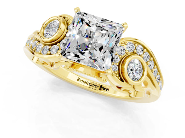 Yellow gold Princess Cut Moissanite Solitaire Ring with Milgrain Pavé Band and Four-Prong Setting