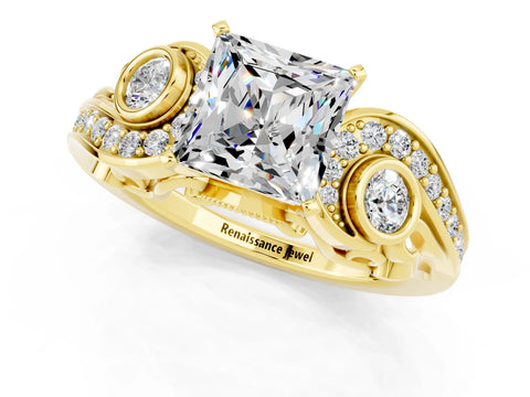 Yellow gold Princess Cut Moissanite Solitaire Ring with Milgrain Pavé Band and Four-Prong Setting_25