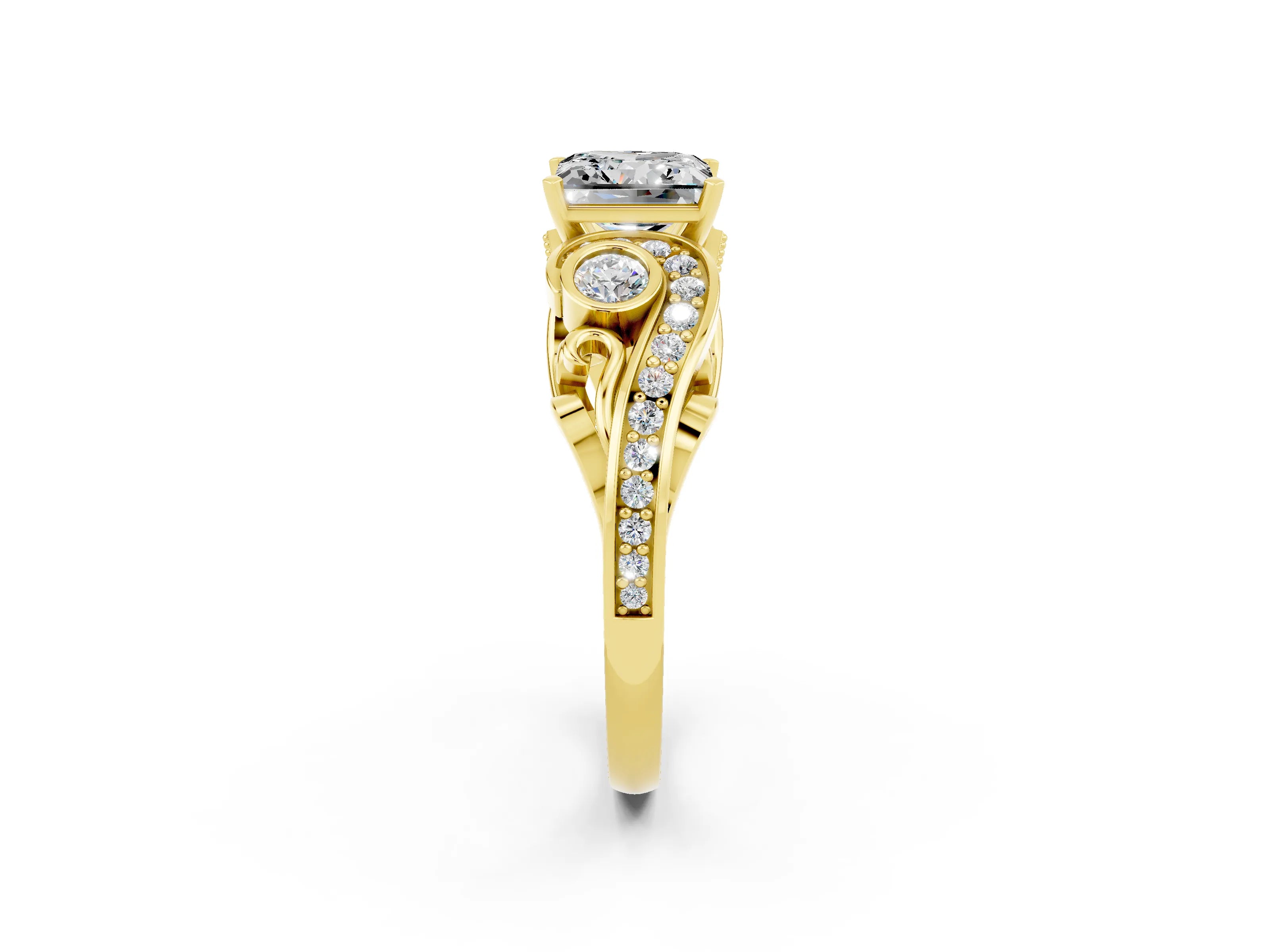 Yellow gold Princess Cut Moissanite Solitaire Ring with Milgrain Pavé Band and Four-Prong Setting_26