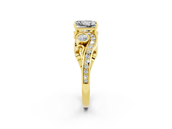 Yellow gold Princess Cut Moissanite Solitaire Ring with Milgrain Pavé Band and Four-Prong Setting