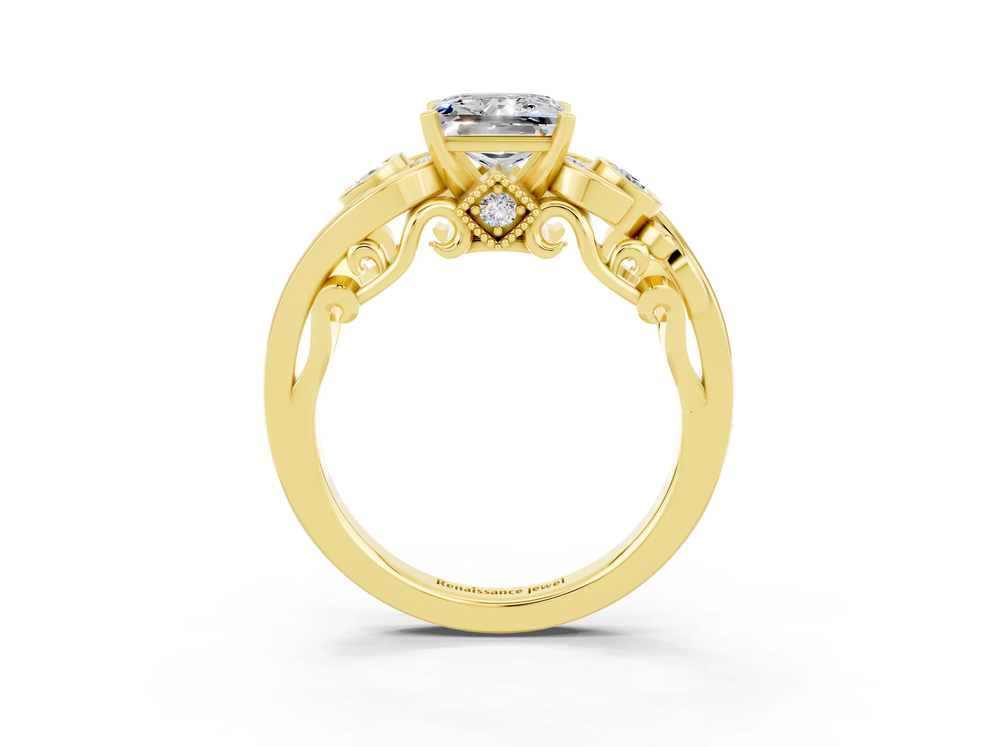 Yellow gold Princess Cut Moissanite Solitaire Ring with Milgrain Pavé Band and Four-Prong Setting_27