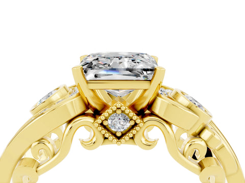 Yellow gold Princess Cut Moissanite Solitaire Ring with Milgrain Pavé Band and Four-Prong Setting_28