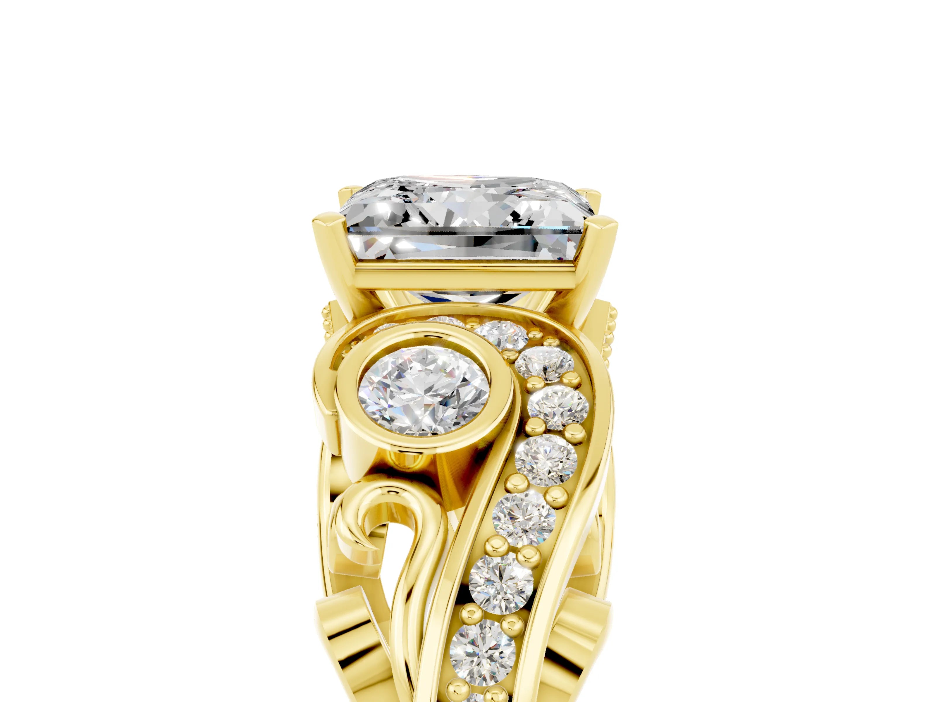 Yellow gold Princess Cut Moissanite Solitaire Ring with Milgrain Pavé Band and Four-Prong Setting_29