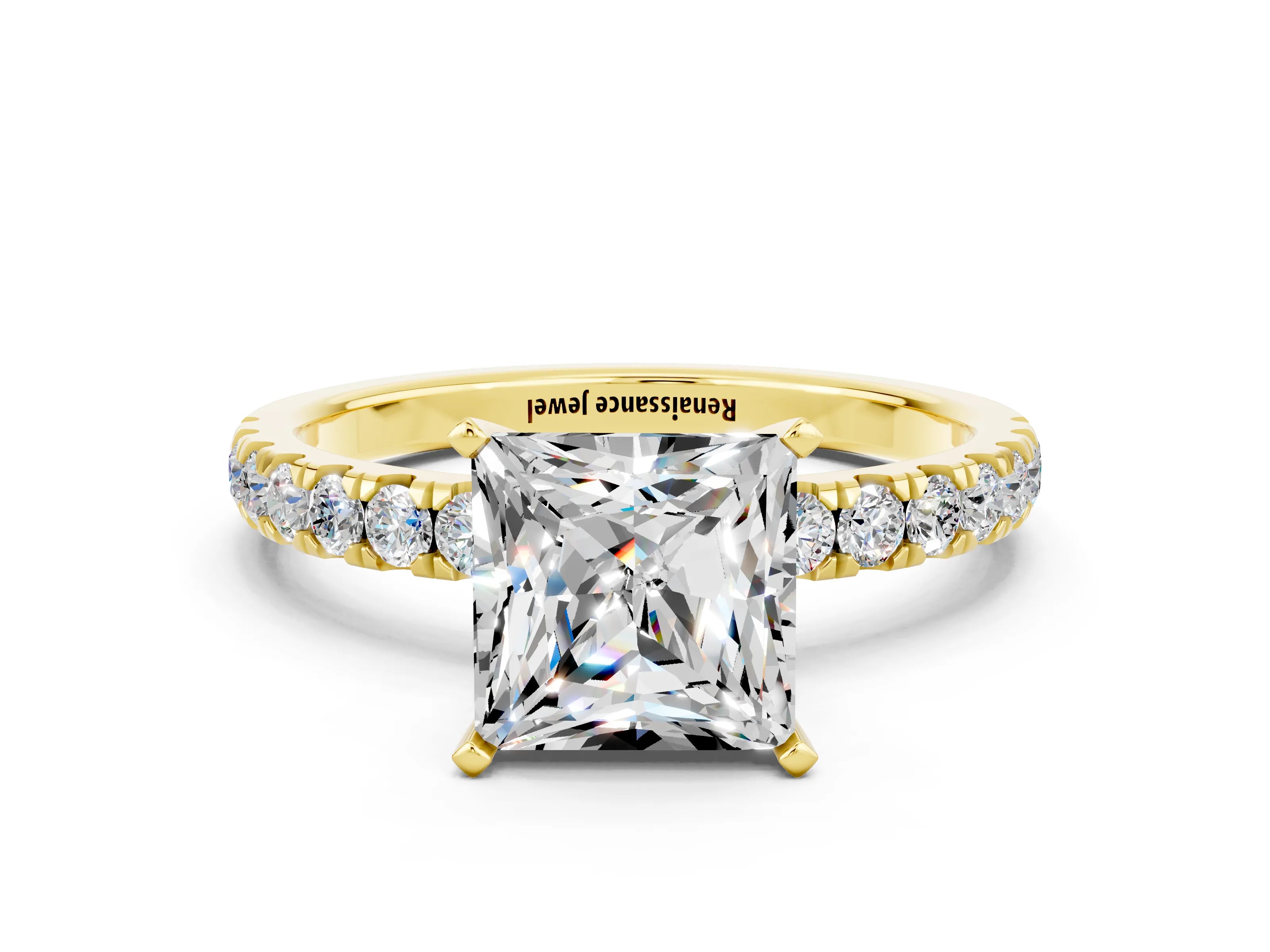 Yellow gold Princess Cut Moissanite Solitaire Ring with Pavé Accents and Four-Prong Setting