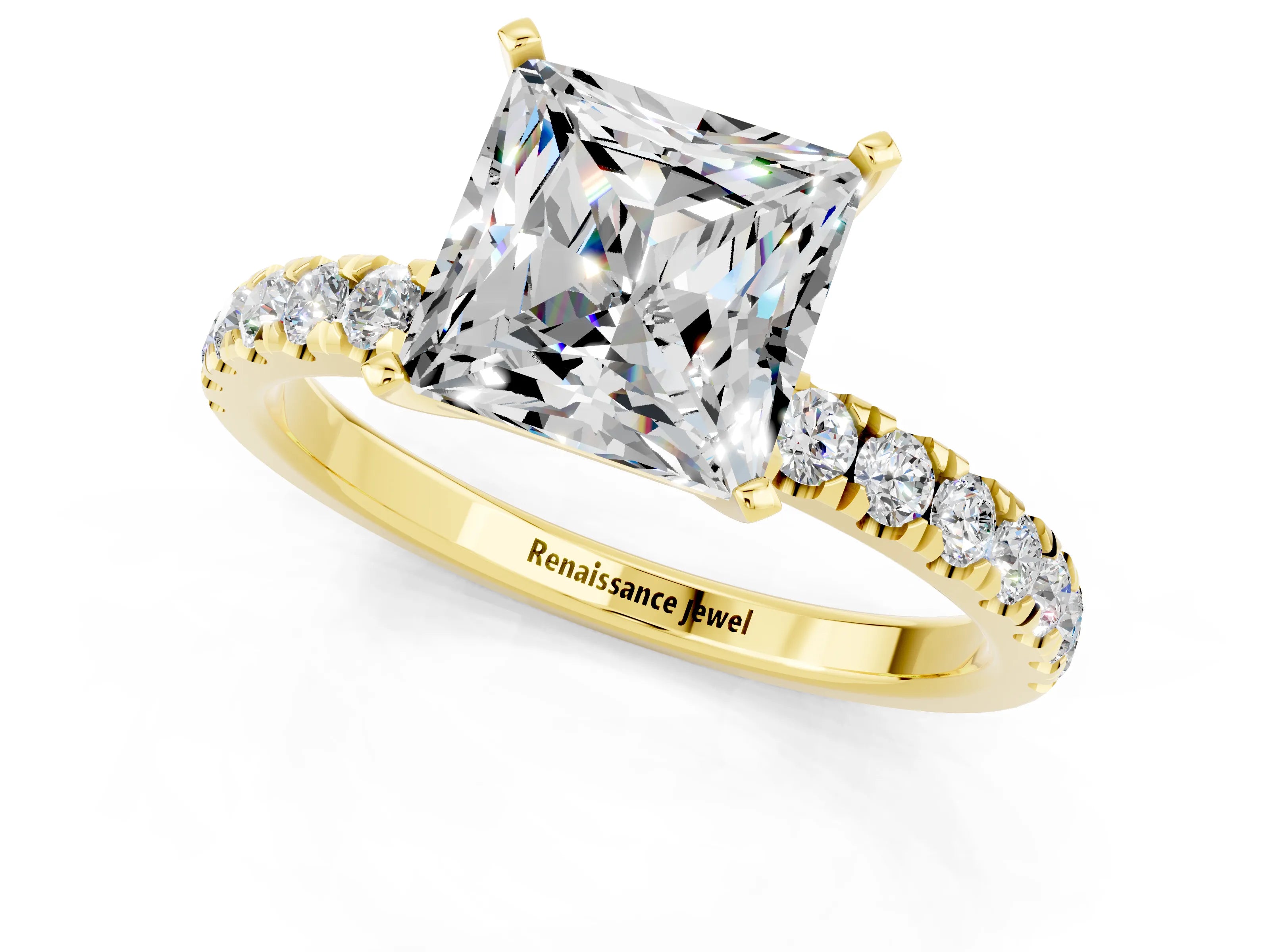 Yellow gold Princess Cut Moissanite Solitaire Ring with Pavé Accents and Four-Prong Setting_1