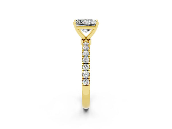 Yellow gold Princess Cut Moissanite Solitaire Ring with Pavé Accents and Four-Prong Setting