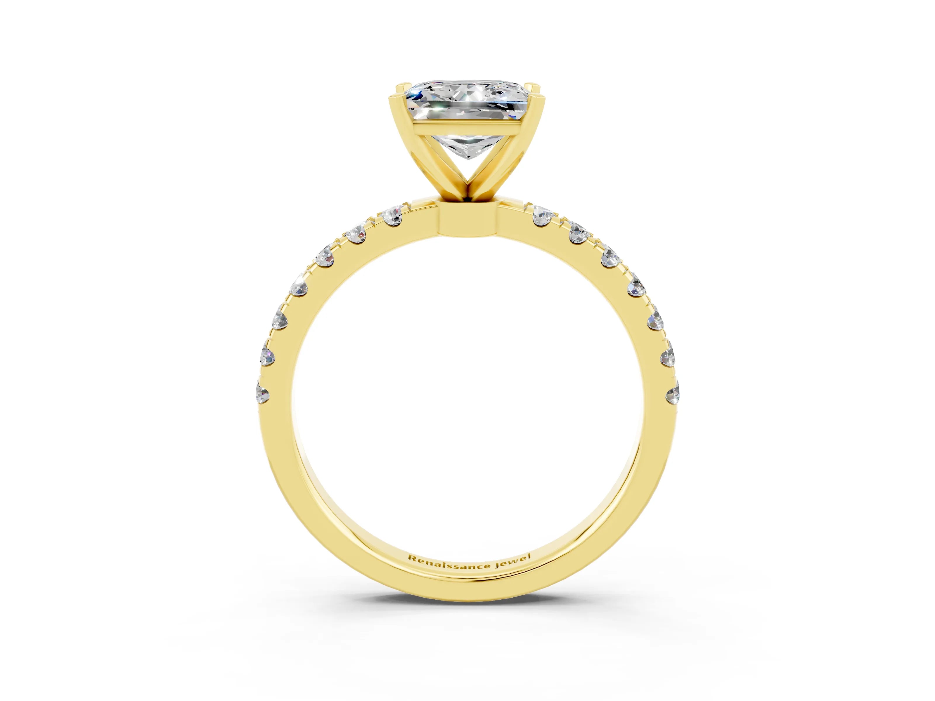 Yellow gold Princess Cut Moissanite Solitaire Ring with Pavé Accents and Four-Prong Setting_3