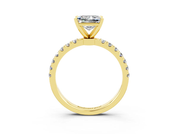 Yellow gold Princess Cut Moissanite Solitaire Ring with Pavé Accents and Four-Prong Setting