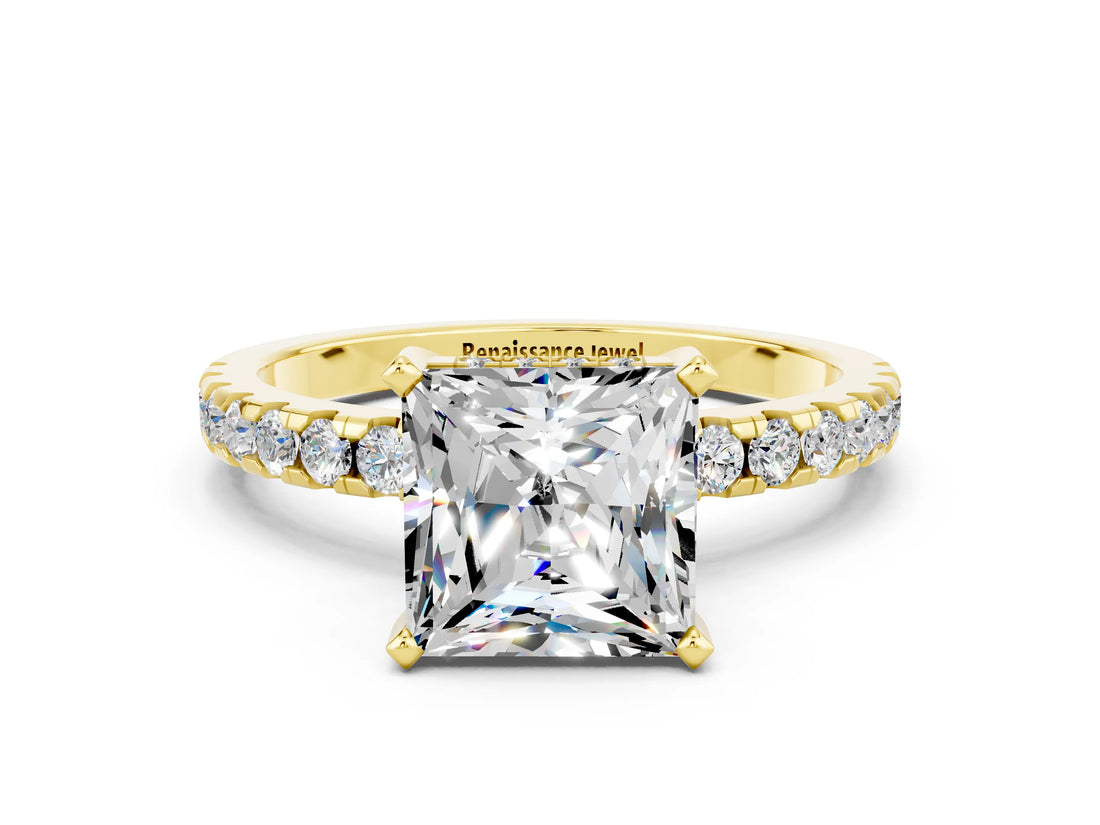 Yellow gold Princess Cut Moissanite Solitaire Ring with Pavé Band and Four-Prong Setting_24