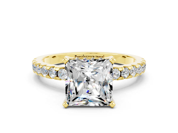 Yellow gold Princess Cut Moissanite Solitaire Ring with Round  Pavé Band and Four-Prong Setting