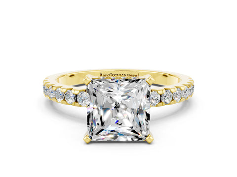 Yellow gold Princess Cut Moissanite Solitaire Ring with Pavé Band and Four-Prong Setting_24