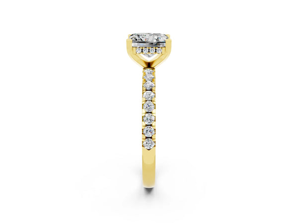 Yellow gold Princess Cut Moissanite Solitaire Ring with Round  Pavé Band and Four-Prong Setting