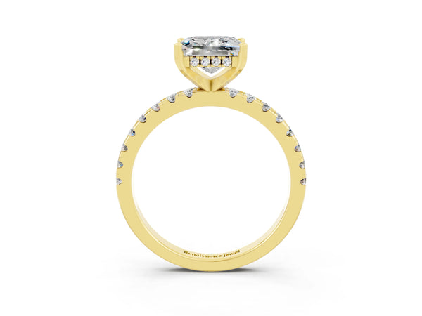 Yellow gold Princess Cut Moissanite Solitaire Ring with Round  Pavé Band and Four-Prong Setting