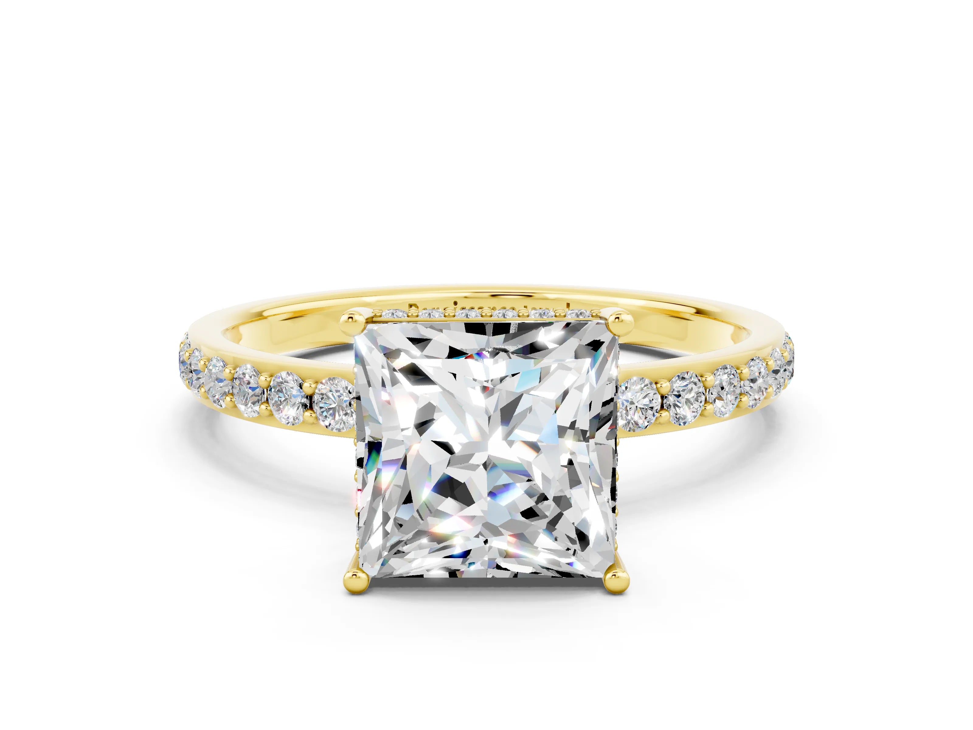 Yellow gold Princess Cut Moissanite Solitaire Ring with Pavé Band and Hidden Halo_12