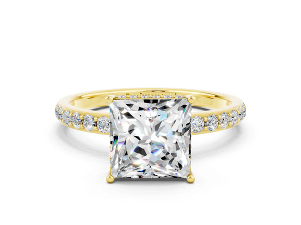 Yellow gold Princess Cut Moissanite Solitaire Ring with Pavé Band and Hidden Halo