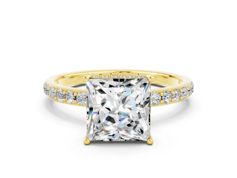 Yellow gold Princess Cut Moissanite Solitaire Ring with Pavé Band and Hidden Halo_12