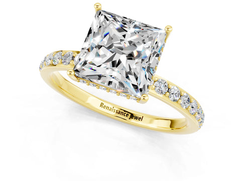 Yellow gold Princess Cut Moissanite Solitaire Ring with Pavé Band and Hidden Halo_13