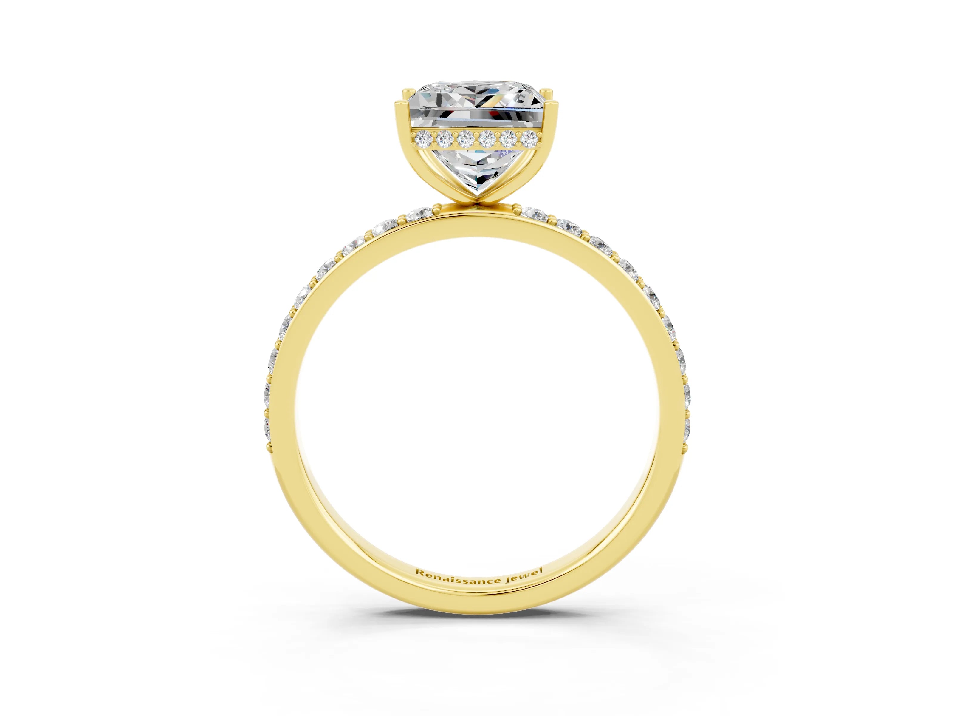 Yellow gold Princess Cut Moissanite Solitaire Ring with Pavé Band and Hidden Halo_15
