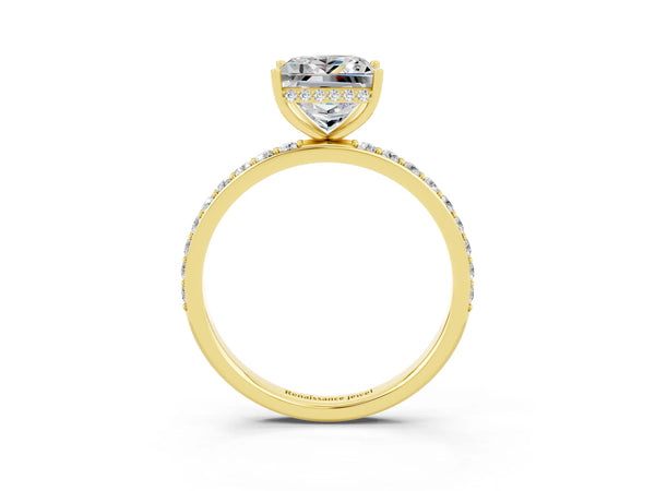 Yellow gold Princess Cut Moissanite Solitaire Ring with Pavé Band and Hidden Halo