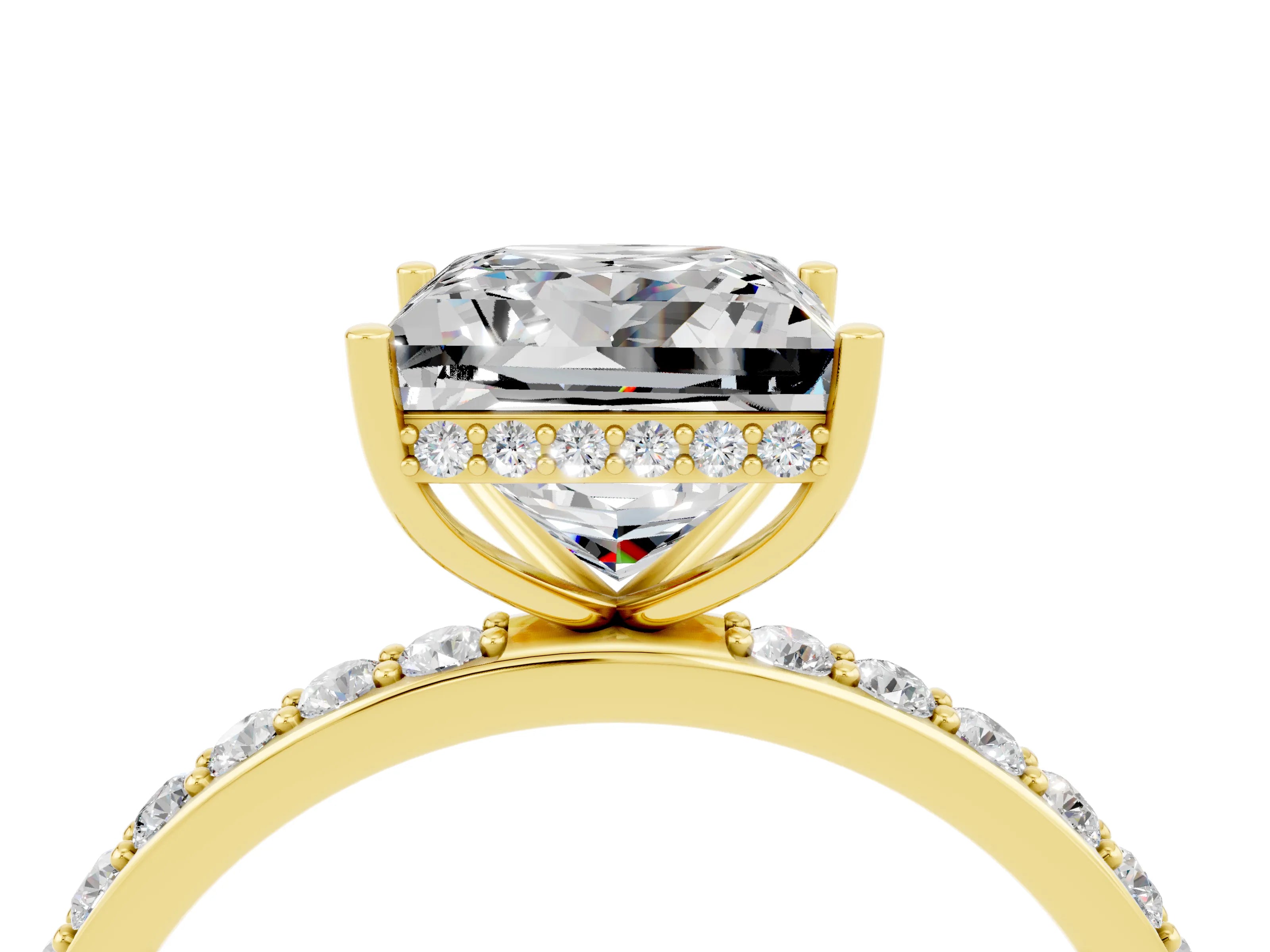 Yellow gold Princess Cut Moissanite Solitaire Ring with Pavé Band and Hidden Halo_16